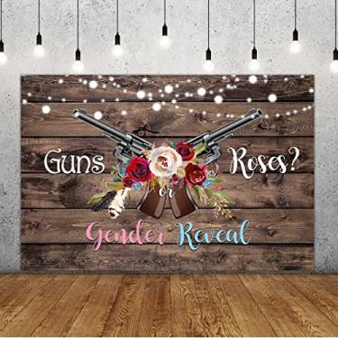 Imagem de Lofaris Guns or Roses Pano de fundo para revelação de gênero rústico de madeira para fotografia luzes brilhantes ele ou ela menino ou menina chá de bebê festa recém-nascido banner decorações suprimentos para cabine de fotos adereços 1,5 x 0,91 m