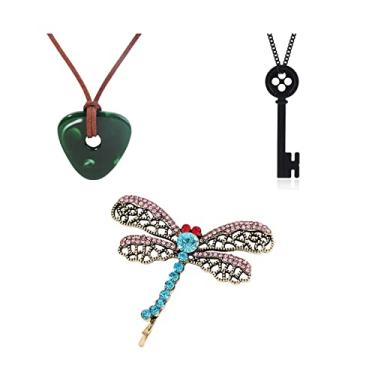 Imagem de Coraline Colar Chave Mercadoria Conjunto de Joias Colar de Pedra Verde Libélula Grampo de Cabelo para Meninas Mulheres Fãs Halloween Cosplay Fantasia Acessórios 3 Peças, 10.24inch long necklace, Zinco, Strass