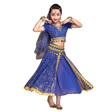 Imagem de MISI CHAO Fantasia de dança do ventre vestido Bollywood – fantasia de dança de chiffon de Halloween com véu de cabeça para mulheres, Azul, GG