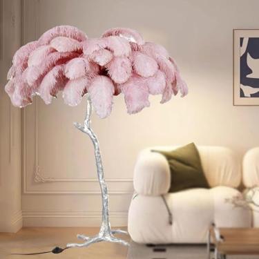 Imagem de Luminária de chão de penas de avestruz natural moderna, luminária de pé simples para sala de estar e quarto, lâmpada de quarto de menina romântica regulável, corpo de luz prata