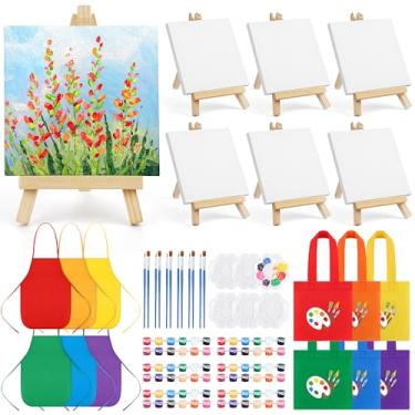 Imagem de Aneco 6 pacotes de mini telas de 10 x 10 cm para pintura com cavaletes aventais, sacolas de lona, paletas, paletas, conjunto de pintura em tela esticada, kit de materiais de pintura para festas