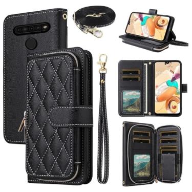 Imagem de Dswteny Argyle Capa carteira para LG K61/Q61/K51S/K41S com alça de pulso, bolsa de ombro, bolsa de couro PU de luxo flip suporte para cartão de crédito capa para celular K 61 51S 41S 41S feminina