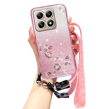 Imagem de MRRSIWEI Capa transversal para Xiaomi 14T Pro, luxuosa flor brilhante brilhante com cordão transversal para mulheres meninas capa fofa à prova de choque para Xiaomi 14T Pro. Flor de diamante rosa