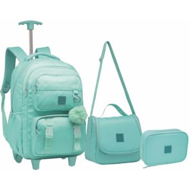 Imagem de Kit Mochila Feminina De Rodinha Juvenil Escolar Com Chaveiro Abertura 180°. (VERDE)