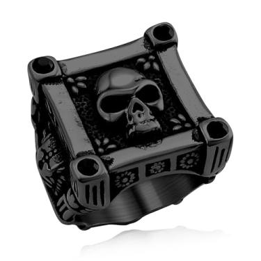 Imagem de Hoyazvet Anéis de caveira masculinos, aço inoxidável 316L/ouro 18 k/joias góticas pretas com caixa de presente, Aço inoxidável, Sem pedra preciosa