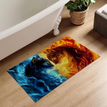 Imagem de Kibue Tapete de porta interna para gatos de fogo e gelo, capacho Welcome Entry Cool Cats para varanda interna, porta da frente, cozinha, 43 cm × 29 cm, com suporte antiderrapante, tapetes de porta de