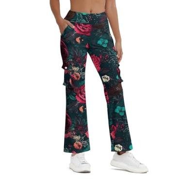 Imagem de Balicaton Calça feminina de ioga elástica com boca de sino elástica casual com bolsos, Rosa retrô, XG