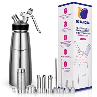 Imagem de OCTANDRA Dispensador profissional de chantilly - 1 litro (500 ml) recipiente de chantilly de aço inoxidável - sifão para bater - Máquina de chantilly com 3 pontas de decoração e 4 pontas de injetor,