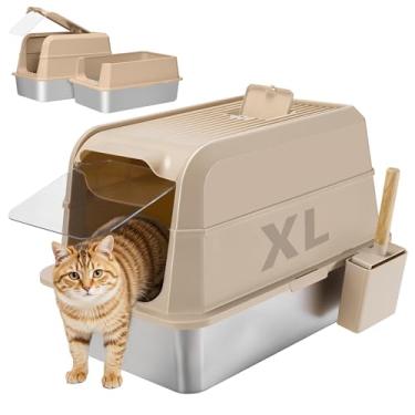 Imagem de UNZIPE Caixa de areia de aço inoxidável com tampa, caixa de areia extra grande para gatos XL, bandeja de areia de metal fechada com caixa e colher de lado alto, antivazamento, fácil de limpar