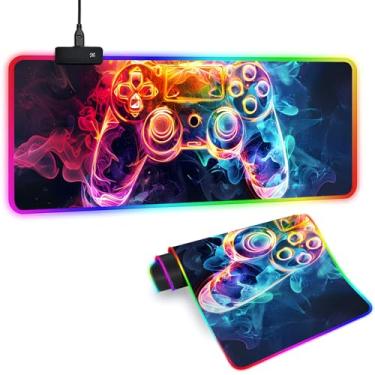 Imagem de Sbarklo Tapete de mouse para jogos XL RGB com 14 modos de luz - Mouse pad Gamer iluminado, 80 x 30 cm antiderrapante estilo gamepad LED grande mousepad para jogadores, acessórios de jogos pretos