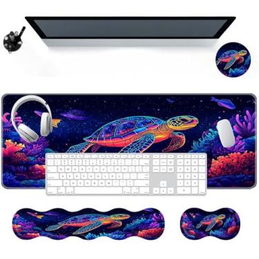 Imagem de ZHJLZQAI Conjunto de mouse pad de teclado, mesa grande + descanso de pulso para teclado + suporte de pulso + porta-copos de 80 x 30 cm, fácil de digitar, alívio da dor, antiderrapante, suporte de
