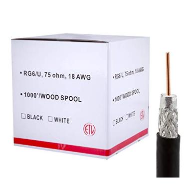 Imagem de Five Star Cabo RG6 UTP 304.8 m blindado cabo coaxial ETL listado para uso com áudio, vídeo e transmissão CATV/MATV. Preto (1000 pés, preto)