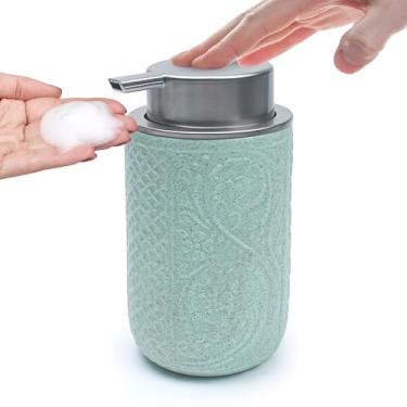 Imagem de Dispensador de sabonete espumante para as mãos, 350 ml, dispensador de saboneteira de espuma cerâmica recarregável com bomba de prata para loção sabonete de mãos cozinha banheiro (verde)