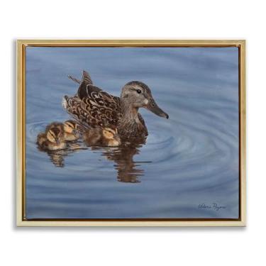 Imagem de Stupell Industries Tela emoldurada Duck Family Ripples Gold Floater Design de arte de parede por Valerie Rogers, 78 x 63 cm