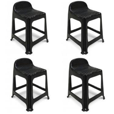 Imagem de Kit 4 Banquetas de Plástico Banquinho Com Encosto Preto Empilhável - P