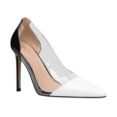 Imagem de Petit Cadeau Lenora – Sapato feminino transparente e sexy bico fino sem cadarço com salto alto stiletto de 10 cm. Feito à mão com perfeição., Black/White, 11