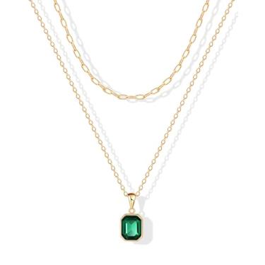 Imagem de ACECHA Colares femininos em camadas de ouro, banhado a ouro 18 k, corrente de clipe de papel, gargantilha com pingente de pedra de nascimento de cristal retangular delicado verde esmeralda joias