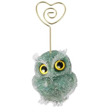 Imagem de rockcloud Porta-cartões de mesa de coruja de cristal de aventurina verde natural em forma de coração com animais fofos em resina para decoração de casamento, casa, escritório