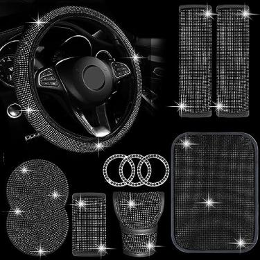 Imagem de MINGZAIQIPEI Conjunto de acessórios de carro com 11 peças, conjunto de acessórios de carro brilhantes para mulheres, capa de volante brilhante para mulheres, ajuste universal, 38 cm, capa de console