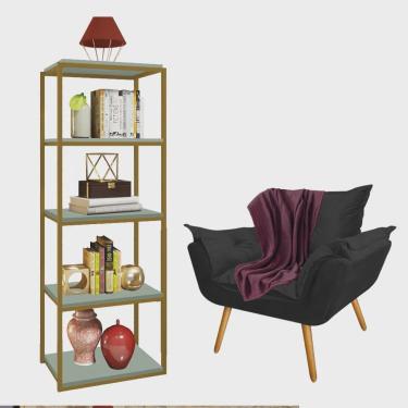 Imagem de Kit Poltrona Fatte com Manta Soft Bordô e Estante Livreiro Ferro Dourado mdf Verde Oliva Suede Preto - Ahz Móveis