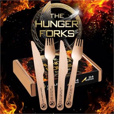 Imagem de Personalized.Design Conjunto de talheres descartáveis Hunger Forks com citações icônicas | 48 peças de suprimentos de festa de aniversário, decorações, lembrancinhas | 24 garfos e facas