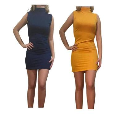 Imagem de KIT C/2 Vestidos Gola Alta Canelado - Emporio J, Marinho, Mostarda, Un