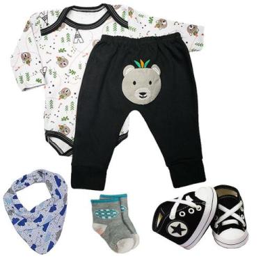 Imagem de Kit Roupa de Bebê 5 Peças Conjunto Body e Mijão e Acessórios - Koala B