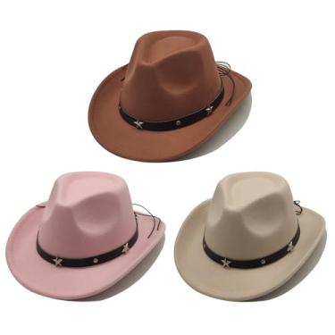 Imagem de 3 peças de chapéu de cowboy infantil unissex para meninas e meninos, chapéu de vaqueira ocidental com cinto de fivela, chapéu Fedora de aba larga, fantasia
