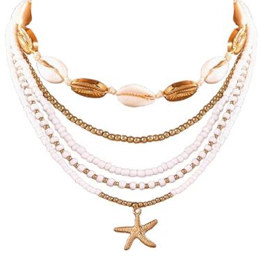 Imagem de Pacote com 5 colares femininos de praia boho com contas de argila Puka concha de estrela do mar para verão 2025 em camadas para roupas de viagem, Metal, Sem Pedra Preciosa
