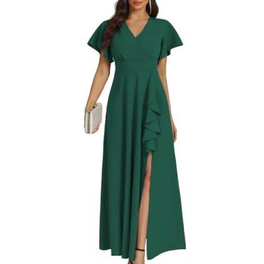 Imagem de COOAN Vestidos formais longos pretos para coquetel, casamento, convidada, babados, divididos, elegantes vestidos de festa com decote em V, Verde-t30, M