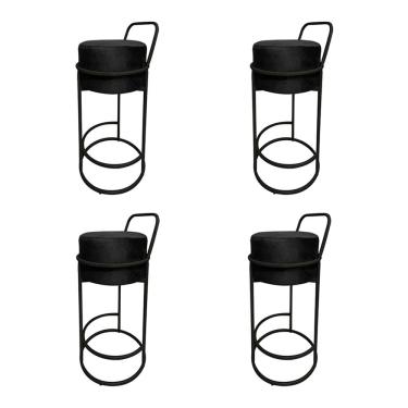Imagem de Kit 4 Banquetas Alta Redonda Base Preta Veludo - Preto