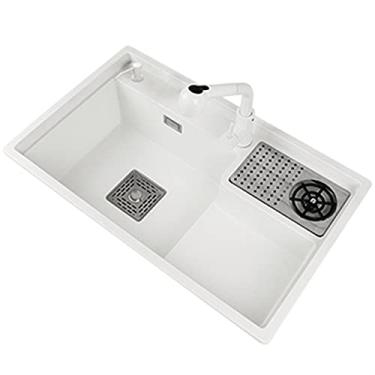 Imagem de CUTPOIY Pia de tigela única de cozinha, com enxágue de vidro, pia de pedra de quartzo, pia de estação de trabalho embaixo da montagem, pia grande com degraus altos e baixos, 3 furos, lavador de jarro