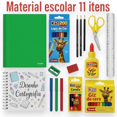 Imagem de Kit Lista Material Escolar Completo Caderno96fls Lápis de Cor Cola Giz