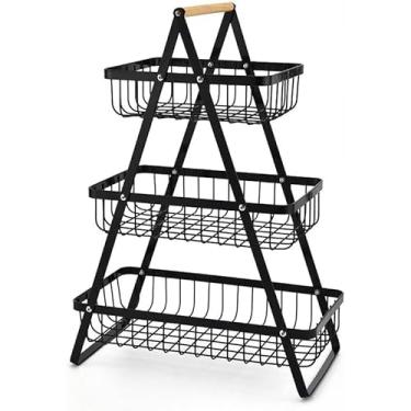 Imagem de Fruteira de Chão Mesa Tripla Aramada Cesto Organizador de Frutas Metal Madeira Cozinha 2 e 3 Andares(TRIPLA - 3 Andares Preto)