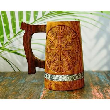 Imagem de Caneca de cerveja indiana para ele-Estilo Viking Caneca de madeira de 590 ml - Caneca de cerveja de madeira natural - Presentes de casamento e aniversário para ele