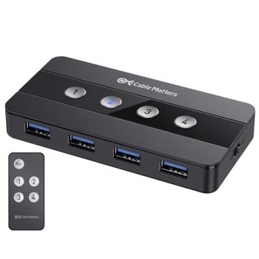 Imagem de Cable Matters Interruptor USB 3.0 de 4 portas para 4 computadores e periféricos USBA – Botão ou controle remoto sem fio – Inclui um adaptador USBC para USBC USB4 e Thunderbolt 4