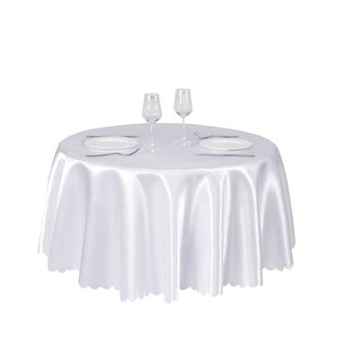 Imagem de Counfeisly 1 pacote com 108 polegadas toalha de mesa branca redonda, toalha de mesa de cetim sedoso sobreposta, tecido liso, decoração de mesa para festas de casamento e eventos de banquete