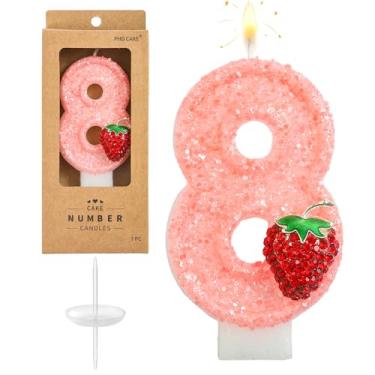 Imagem de PHD CAKE Número 8 velas de aniversário de morango, velas com números temáticos de morango, velas com número de bolo, celebração de festa