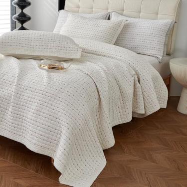 Imagem de vctops Conjunto de colcha acolchoada de algodão com 2 fronhas, tamanho Queen, listrado, bordado, fazenda, rústico, macio, leve (creme, Queen)