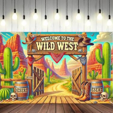Imagem de BlissYard Bem-vindo ao velho oeste faixa de fundo tema rústico do oeste selvagem decoração de 188 x 109 cm fundo de fotografia de cacto do deserto banner grande cowboy decoração interna e externa