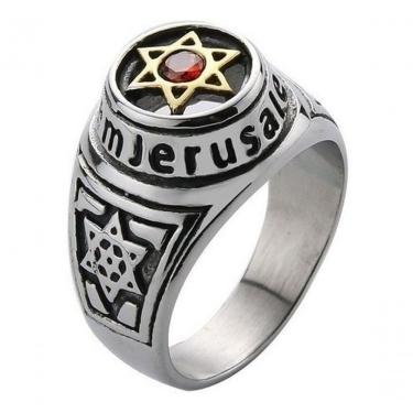 Imagem de Anel Estrela Davi Hexagrama Israel Pedra Straus Vermelha Cor Vermelho Tamanho Aro 32