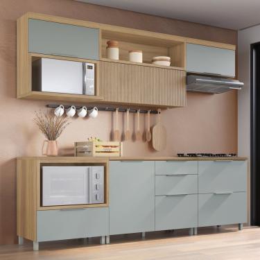 Imagem de Cozinha 6 Peças 5 Portas 5 Gavetas Com Armário Aéreo 100% Mdf Marquesa Nature/verde