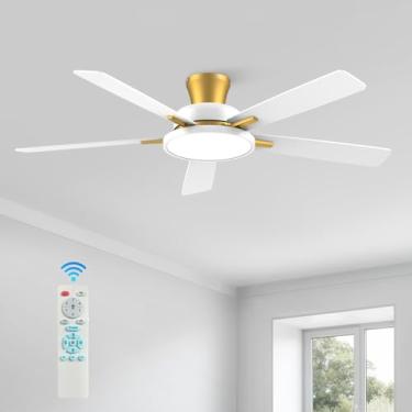 Imagem de TALOYA Ventiladores De Teto 52" Com Luzes E Controle Remoto, Ventilador Ultrassilencioso Baixo Perfil, Três Cores, Temperatura Regulável, Lâminas Reversíveis, Branco Dourado