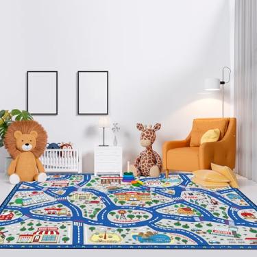 Imagem de Tinideya Tapete infantil, tapete para jogador, carro, 1,8 x 2,7 m, tapete de mapa de trânsito, área de jogos educativos para crianças, sala de jogos, sala de aula, quarto (cidade, azul)