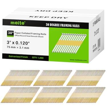 Imagem de meite Pregos de enquadramento de 30 graus, 7,5 cm x 0,30 cm, revestimento galvanizado, fita de papel agrupada, cabeça redonda deslocada, haste lisa para pregadores de moldura de 30 a 34 graus (1.000