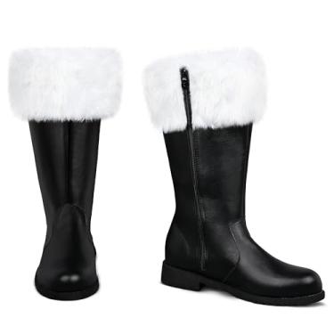 Imagem de FancyFun Botas de Papai Noel, Botas de Papai Noel, masculinas, botas de Natal e Papai Noel, botas de fantasia de panturrilha larga com pele branca, Preto, 12-13 US