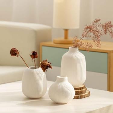 Imagem de Conjunto de 3 vasos decorativos de cerâmica branca minimalista moderna (branco)