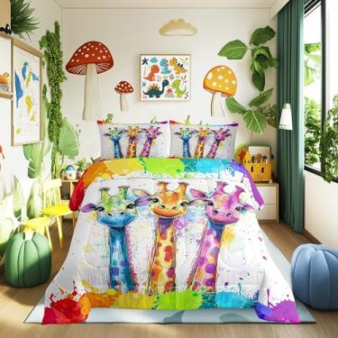 Imagem de Manfei Conjunto de edredom solteiro com estampa de girafa em aquarela, estampa de arco-íris, graffiti, vida selvagem africana, desenho animado, animais e 1 fronha