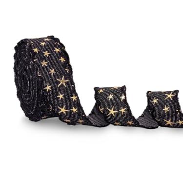 Imagem de Spritewelry Fita jeans de 5 metros para artesanato 2,5 cm de algodão desgastado rústico fita de tecido de embrulho fita de tecido de embrulho com estrela 3D para decoração de costura (preto)