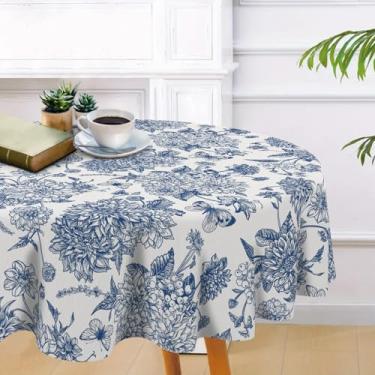 Imagem de Livcoz Chinoiserie Toalha de mesa redonda de flores 152 x 152 cm, toalha de mesa de jantar decorativa de borboleta floral de porcelana azul e branca, decoração de festa de piquenique